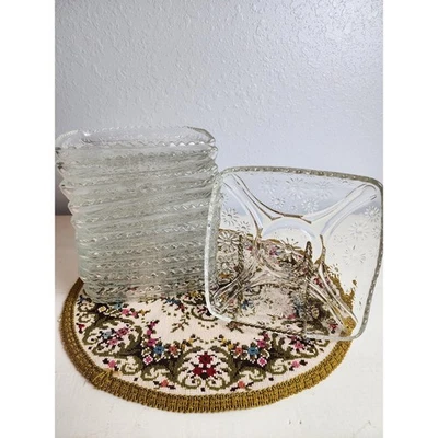 11 Square Clear Pressed Glass Plates with Embossed Flowers & Sawtooth Edge - Image 1 of 3