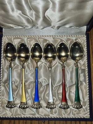 Juego de 6 cucharas corona Demitasse de plata esterlina .925 ELA Dinamarca esmalte Foto 1 de 4
