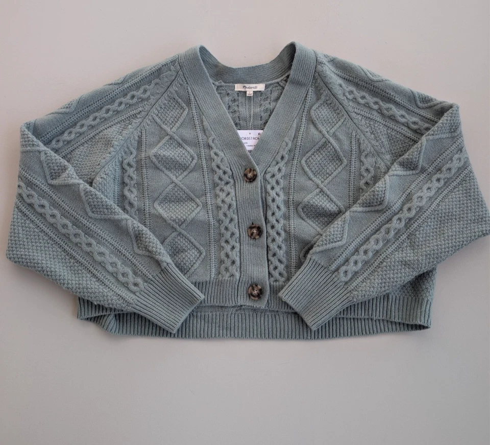 Cardigã Madewell malha cabo gola V cropped suéter mistura de lã em rio desbotado - Imagem 1 de 4