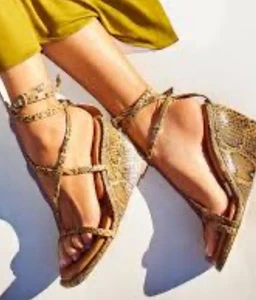Tamara Mellon Reverse Wedge Pillow Brown Snake Embossed Leather Wedge Sandal 6.5 - Picture 1 of 7