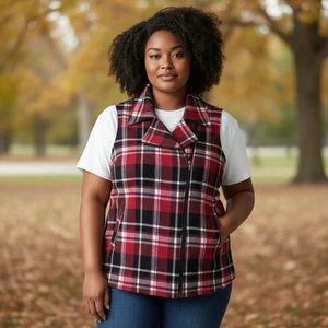 Chaps Red Black Tartan Plaid Zip Front Vest Sz 2X 100% Cotton Classic Layering - Picture 1 of 10