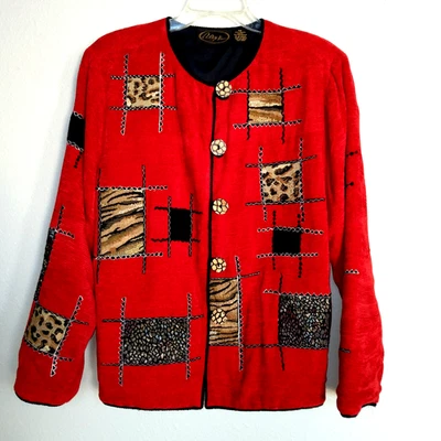 Chaqueta para mujer Alex Kim by Allure apliques rojos abotonados larga Slv terciopelo talla M Foto 1 de 4