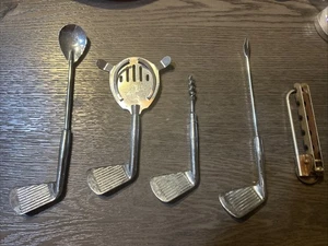Vintage Barware Set Golf Clubs Steel Chrome Jigger Bottle Opener Spoon MCM Japan - Picture 1 of 1