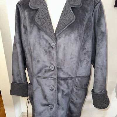 D & Co Jacket Womens XLarge Gray Faux Suede Sherpa Lined Button Up Coat Pockets - Image 1 of 4