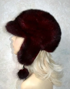 "SOMBRERO DE PIEL REAL VISÓN GENUINO RUSO CON OREJAS Y POMPONES, rojo borgoña, 22,5" - Imagen 1 de 9