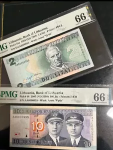 LITHUANIA 2 banknotes with same serial #955 PMG66 2 Litai 1993,10 Litu 2007 UNC - Picture 1 of 2