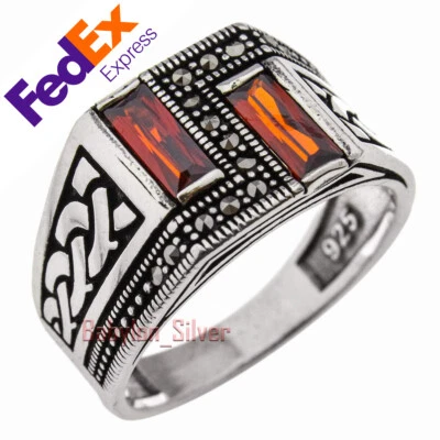 925 Sterling Silver Turkish Handmade Faceted Ruby Luxury Men's Ring All Sizes - Image 1 of 4