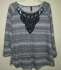 Massini Womens Xl Knit Stretch Top Crochet Neckline Long Sleeve Blue Shirt