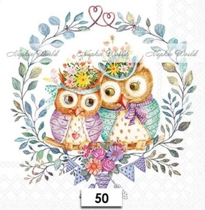 (50) TWO Paper LUNCHEON Decoupage Art Craft Napkins - OWLS LOVE COUPLE FLOWERS - Picture 1 of 3