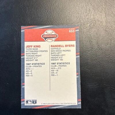 55a 1988 Fleer #653, Jeff King, Pittsburgh Pirates Rookie Randell Byers - Image 1 of 2