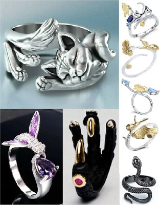 Two Tone Adjustable Snake Claw Cat Hummingbird Silver Ring Band Free Gift Box - Image 1 of 4