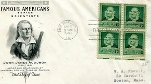 EDSROOM-A28 FDC SCOTT #874 – 1940 FA 1c John James Audubon Block of 4 - Picture 1 of 1