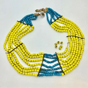 Vintage Naga Tribe Yellow Blue Trade Bead Multi Strand Collar Necklace Macrame - Picture 1 of 9