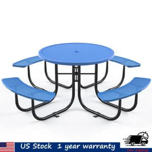 46 in Outdoor Round Steel Picnic Table Seat 8-People W/Umbrella Hole Blue Garden - Picture 1 of 9