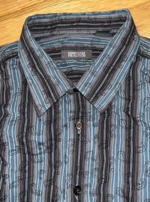 Kenneth Cole Reaction Cotton Dress Shirt Gray Black Paisley Striped Size Medium - Image 1 of 4