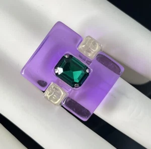 Modernist Lucite Ring Purple Clear Green Rhinestone Size 6 Chunky Post Modern - Picture 1 of 9