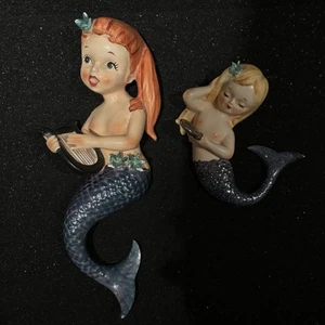 Vtg Lefton Japan Red Head Pair Mermaids Wall Plaque Figures with Stickers Flaws - Picture 1 of 24