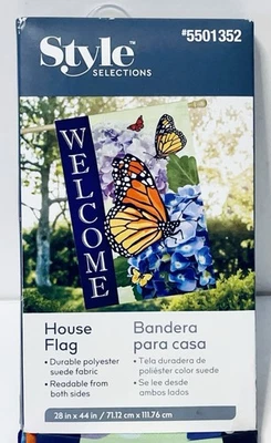 Style Selections "WELCOME" Butterflies & Floral Outdoor House Flag 28" x 44" NEW - Image 1 of 4