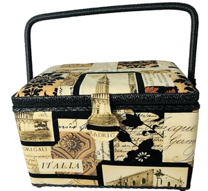 Dritz~ Sewing Basket Rectangular Gold, Black & Brown 11 x 8.25 x 7 in w tray - Picture 1 of 11