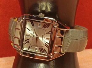 Gruen Watch Women Silver Tone Rectangle Hinged Open Cuff Band - Picture 1 of 9