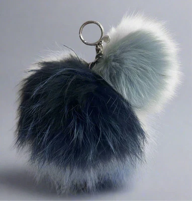 MICHAEL KORS Real Fox Fur 2 Sisters Pom Bolsa Charme Chaveiro Ardósia Marinha (org $125) - Imagem 1 de 4