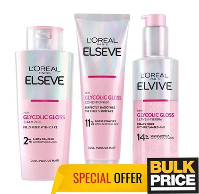 L'Oréal Elvive Brillo Glicólico Set Champú + Acondicionador + Tratamiento Suero Paquete de 3 Foto 1 de 4