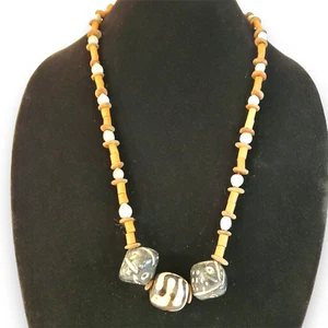 Vintage Pottery & Wood Beads Necklace 26" Artisan Chunky Handmade Bohemian - Picture 1 of 9