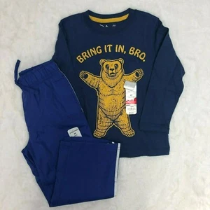 Boys Outfit Bro Bear Shirt Long Sleeve Jogger Sweatpants Lined Blue Toddler 4T - Picture 1 of 9