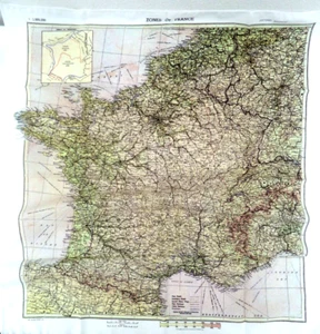 Foulard d'évasion France 1944 RAF,  para, pilote, commando réédition carte WW2 - Afbeelding 1 van 8