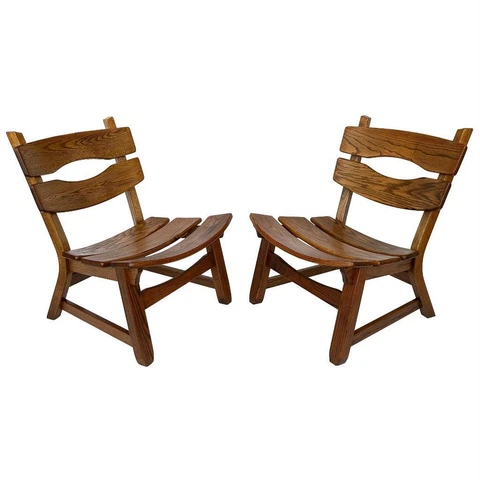 Pair Brutalist Solid Oak Lounge Chairs Dittmann & Co Mid Century Modern B Cover