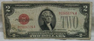 1928 Two Dollar Bill Red Ink Seal "D 15656374 A" $2.00 Bank Note Currency No Rip - Picture 1 of 2