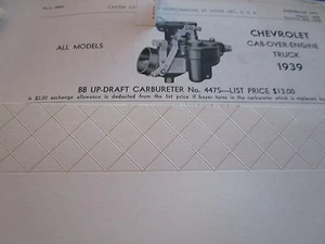 ORIGINAL 1939 Chevy Chevrolet Carbureter Spec Cab Over Engine Truck /Info Sheet - Picture 1 of 1