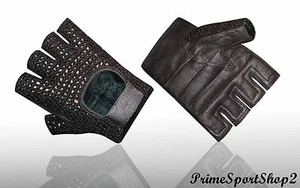 NEW* LEATHER FINGERLESS GEL COTTON MESH WEIGHT LIFTING EXERCISE GYM GLOVES - Picture 1 of 7