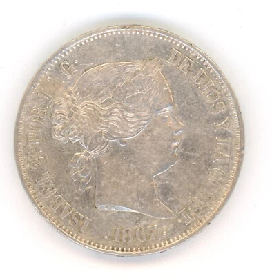 Spain España Isabel II 1867 2 Escudos Madrid Ag KM 629 Minor rust cleaned XF+ - Image 1 of 2