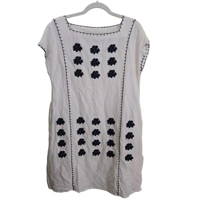 Vestido Midi de Diseñador Tory Burch Floral Bordado Blanco Azul Marino Mezcla de Lino Talla M Foto 1 de 4