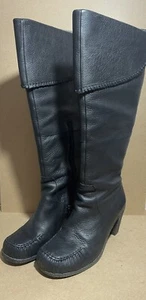 CLARKS real LEATHER BOOTS Uk 4.5  black OPHELIA knee high heel riding military - Picture 1 of 20