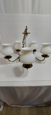 Vintage Milk Glass Hobnail Chandler And 5 Globes Original with Canape Cover