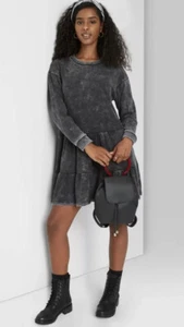NWT Women's Wild Fable L/S Black Mineral Wash Sweatshirt Dress Sz XS - Picture 1 of 10