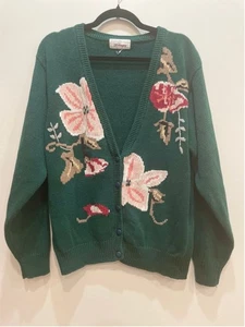 Vintage Worthington Floral Knit Cardigan Sweater L Grannie Cottagecore Trad - Bild 1 von 7