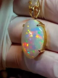 Natürlicher Feueropal 5 kt Ovalschliff Damen Solitär Anhänger 14 K Gelbgold - Bild 1 von 13
