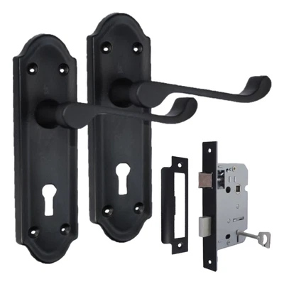 Askworth Matt Black Internal Lock Door Handles+ 3 Lever Mortice Sash Lock-170mm - Image 1 of 4
