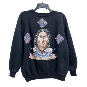 Wmns 90s Vintage HANES Native American 3D Print Black Graphic Sweatshirt Sz XL - Picture 1 of 5