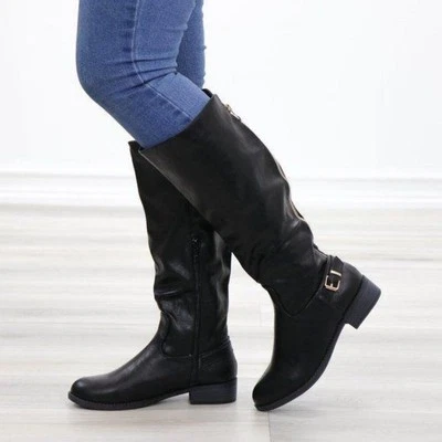Black Mid Calf Boots Rider Chick Buckle & Zipper Synthetic Leather Low Heel - Image 1 of 4