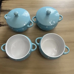 Servette Home soup bowls (4) with handles and 2 lids, crock bowls polka-dot - J - Picture 1 of 10