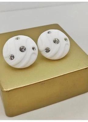 Vintage Style White Marble Look Clip-on Studs Earrings With Rhinestones - Image 1 of 4