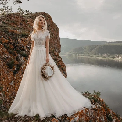 Boho A-Line Wedding Dresses Boat Neck Short Sleeves Lace Appliques Bridal Gowns - Image 1 of 4