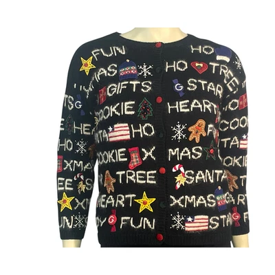 Vtg 90s Marisa Christina Sz S-M Knit Cardigan Christmas Words Black Ugly Sweater - Image 1 of 4