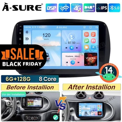 Real 6+128G 8-Core Android 14 Autoradio Carplay Nav für Smart Fortwo Forfour 453 - Bild 1 von 4