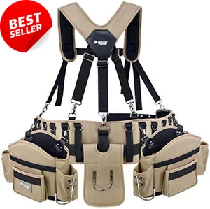Tool Belt with Adjustable Suspenders Detachable Pockets Tan Black - Picture 1 of 12
