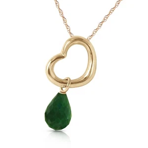 14K. SOLID GOLD HEART NECKLACE WITH DANGLING NATURAL EMERALD (Yellow Gold) - Picture 1 of 5